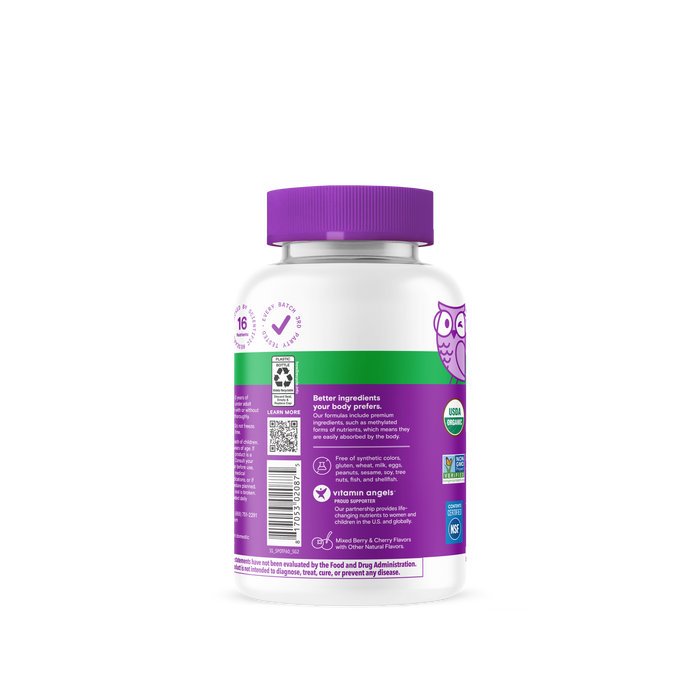 A white bottle with a purple cap and label, displaying supplement facts and product information. The label features an illustrated owl along with various certifications, including USDA Organic and Non-GMO Project Verified, underscoring SmartyPants Organic Toddler Formula as a trusted choice among toddler supplements.