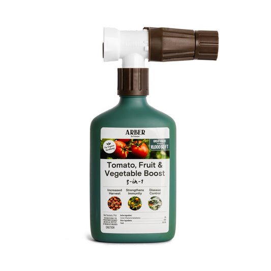 The green bottle of Arbers Organic Tomato, Fruit & Vegetables 3-in-1 Boost RTS includes a spray nozzle and promises increased harvests, strengthened plant immunity, and disease control. Ideal for plants!.