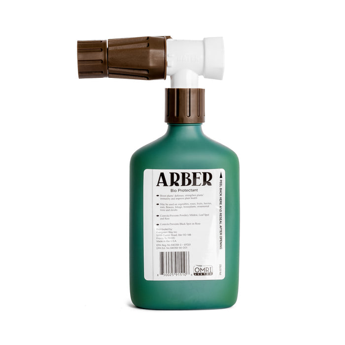 A green Arber Organic Tomato, Fruit & Vegetables 3-in-1 Boost RTS bottle with a white and brown spray nozzle, featuring product info, OMRI certification, and a boosts harvest promise against a plain white backdrop.