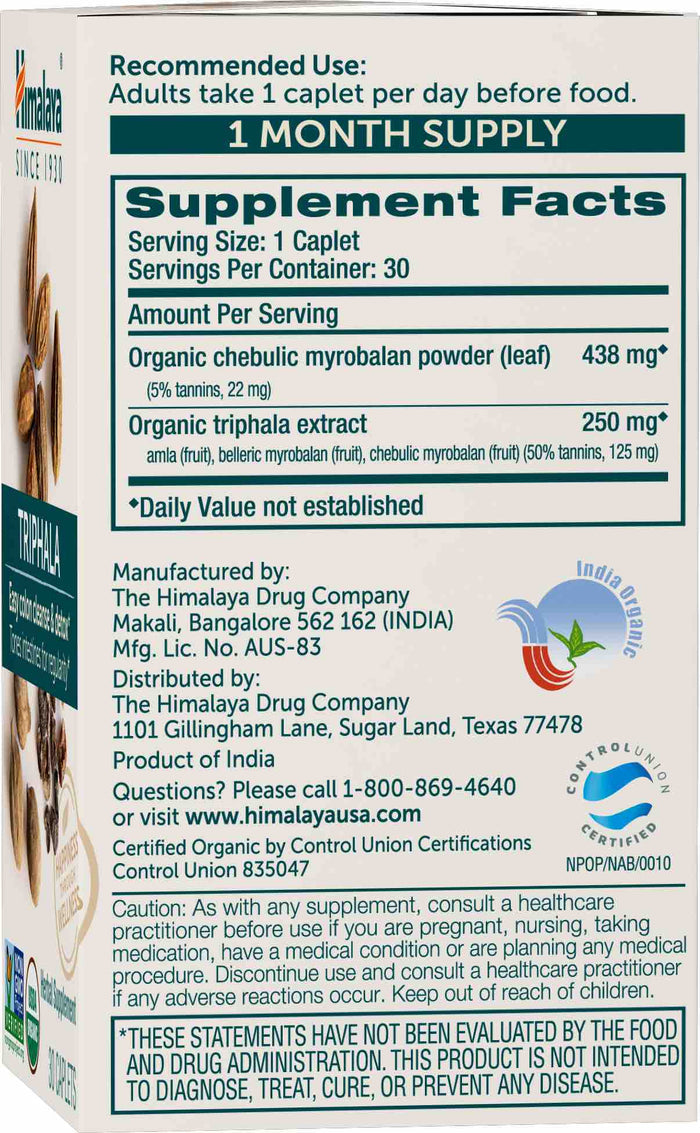A box of Himalayas Organic Triphala tablets contains Ayurvedic myrobalan powder and trifala extract. Recommended for colon cleansing, take one tablet daily before meals.