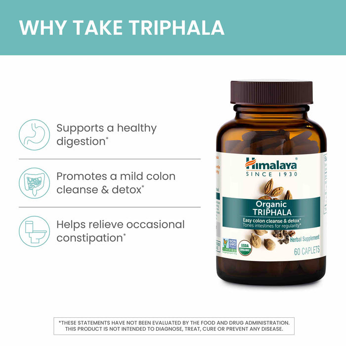 An image of a bottle of Himalaya Organic Triphala, emphasizing its benefits: supporting healthy digestion, promoting a mild colon cleanse and detox, and helping relieve occasional constipation. The bottle contains 60 caplets and has a label indicating it is organic.