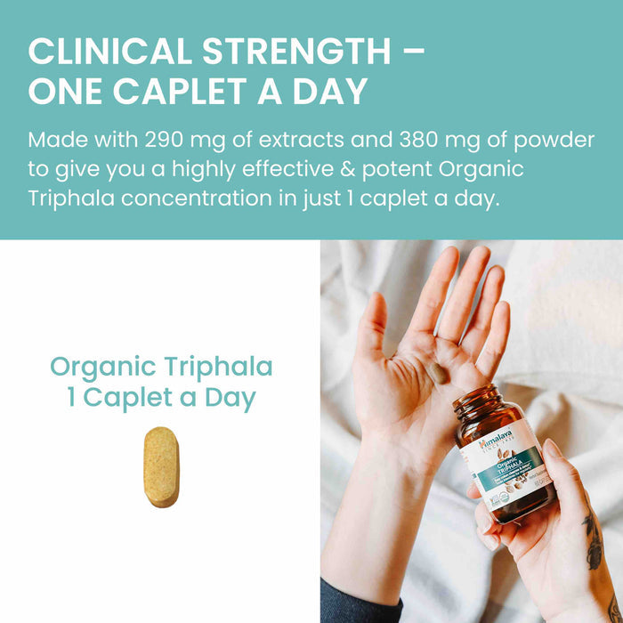 Image showing a bottle of Organic Triphala caplets held by a person with text stating, "CLINICAL STRENGTH – ONE CAPLET A DAY. Made with 290 mg of extracts and 380 mg of powder to give you a highly effective &amp; potent Organic Triphala concentration in just 1 caplet a day." The bottom half shows an individual yellow caplet and more text, "Organic Triphala 1 Caplet a Day.