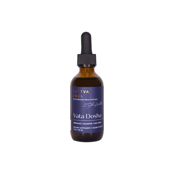 A brown glass dropper bottle labeled Organic Vata Tincture - Calming by Sattva Soul. It contains a soothing tincture with Ayurvedic herbs, has a 2 fl oz (60 mL) capacity, and is signed as a dietary supplement.