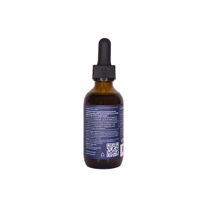 A brown glass dropper bottle with a black cap, showcasing Sattva Souls Organic Vata Tincture - Calming. It features a dark blue label with text and QR codes, aligning with Organic Vata Dosha principles, set against a white background.