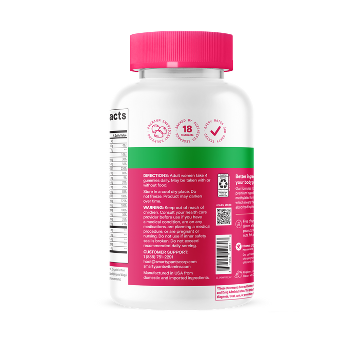 A white and pink bottle of SmartyPants Organic Women’s Multi & Omegas Gummies is shown from the back, displaying supplement facts, directions, warnings, and customer support contact details. Icons and text emphasize 18 nutrients and benefits designed for women in this organic multivitamin from SmartyPants, crafted with high-quality vegetarian vitamins to support overall wellness.