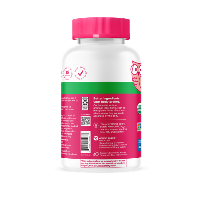 A white bottle of SmartyPants Organic Women’s Multi & Omegas Gummies stands upright on a plain, light background. The bottle features a pink cap and label illustrated with an owl, along with information about ingredients, nutrition facts, and certifications such as Non-GMO and gluten-free. Prominently highlighted on the packaging is that these are vegetarian vitamins—an organic women’s multivitamin specifically formulated to support daily wellness.