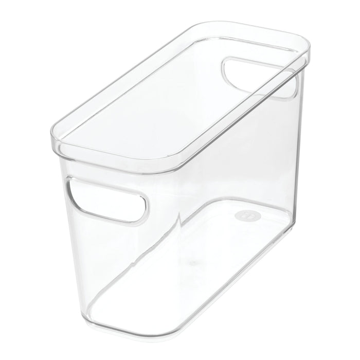 The iDesign Organizer Bin with Handles is a compact, modular storage solution made from recycled plastic, featuring rounded corners and built-in handles for easy use, perfect for efficiently organizing household items.