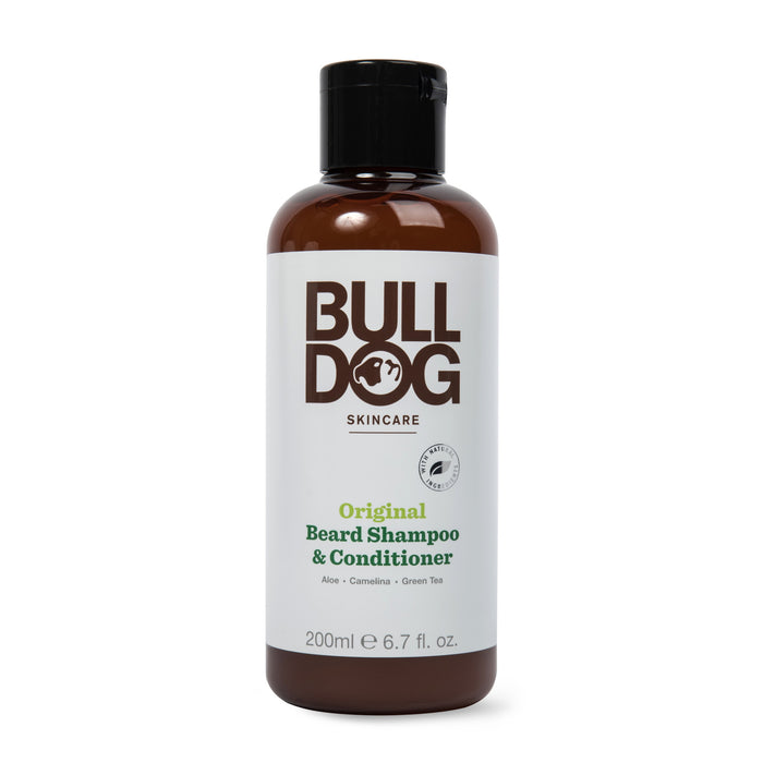 The Bulldog Original Beard Shampoo/Conditioner is ideal for organic beard care with aloe, camelina, and green tea. It comes in a brown 200ml (6.7 fl oz) bottle featuring the brand logo on a white label with a black cap.