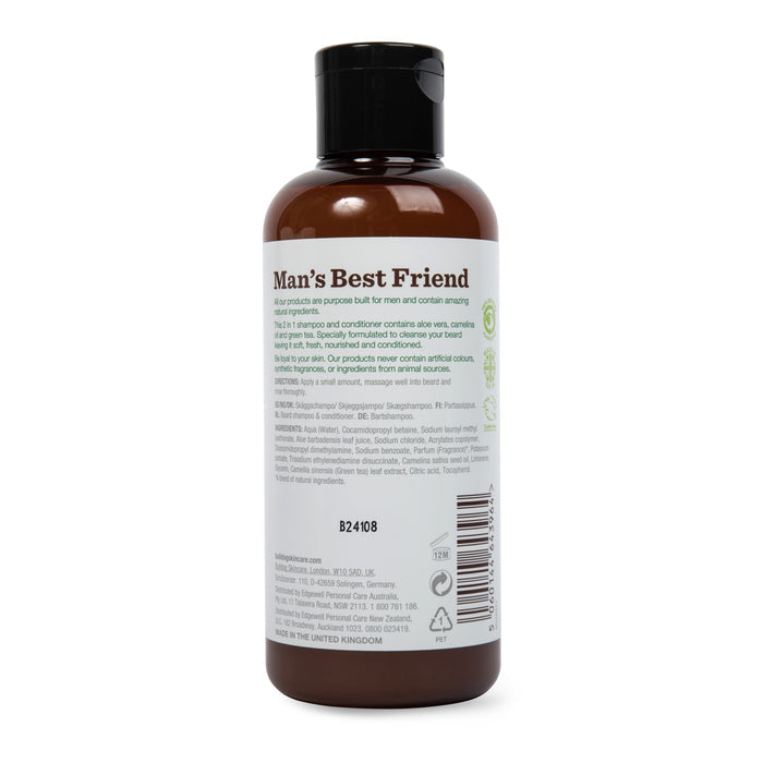 The Bulldog Original Beard Shampoo/Conditioner in a brown bottle serves as a vegan beard care product. It has eco-friendly symbols, benefits, and ingredients on the label with a barcode at the bottom. Topped with a black cap, its ideal for organic beard care.