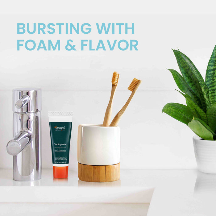 A modern bathroom countertop displaying a faucet, a tube of toothpaste, a holder with two bamboo toothbrushes, and a green potted plant. "BURSTING WITH FOAM & FLAVOR" text is at the top.
