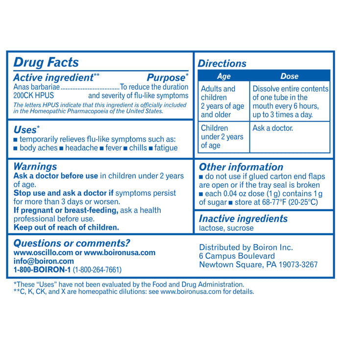 Boirons Oscillococcinum label provides info on usage for flu symptoms, warnings, adult/child dosage, storage guidance, and contact details. It includes the active ingredient and contains lactose and sucrose.