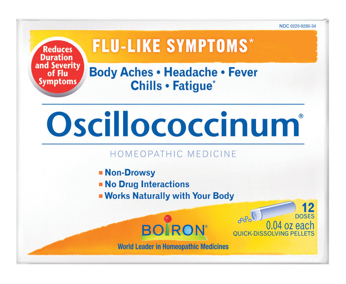 Image of Oscillococcinum by Boiron, showing relief for flu symptoms like aches, fever, chills, and fatigue. Its non-drowsy without drug interactions and contains 12 doses to effectively reduce flu symptoms.