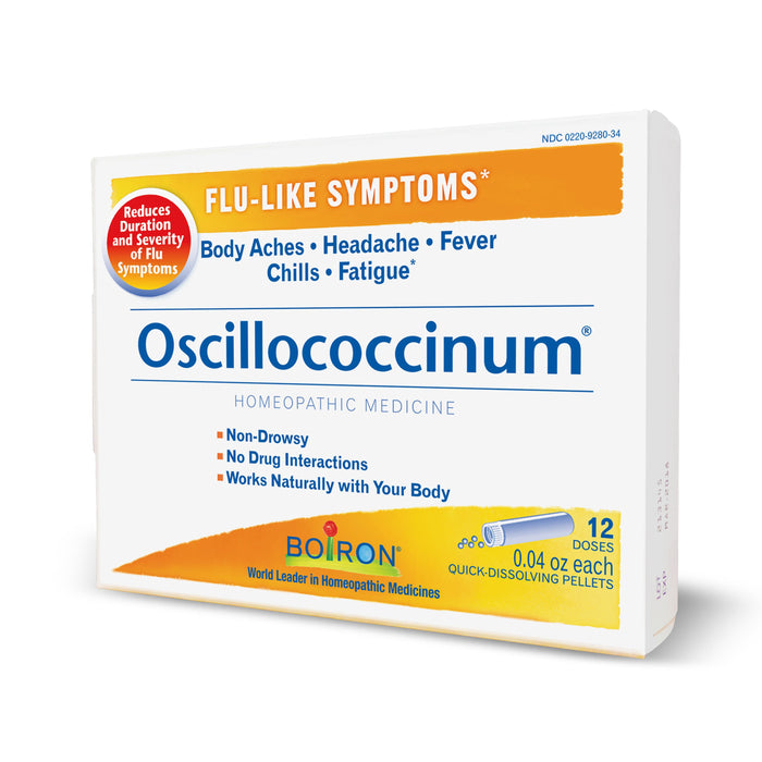 A box of Boirons Oscillococcinum, a homeopathic flu remedy for alleviating symptoms such as body aches, headache, fever, chills, and fatigue. It includes 12 doses of quick-dissolving pellets designed to naturally work with the body.