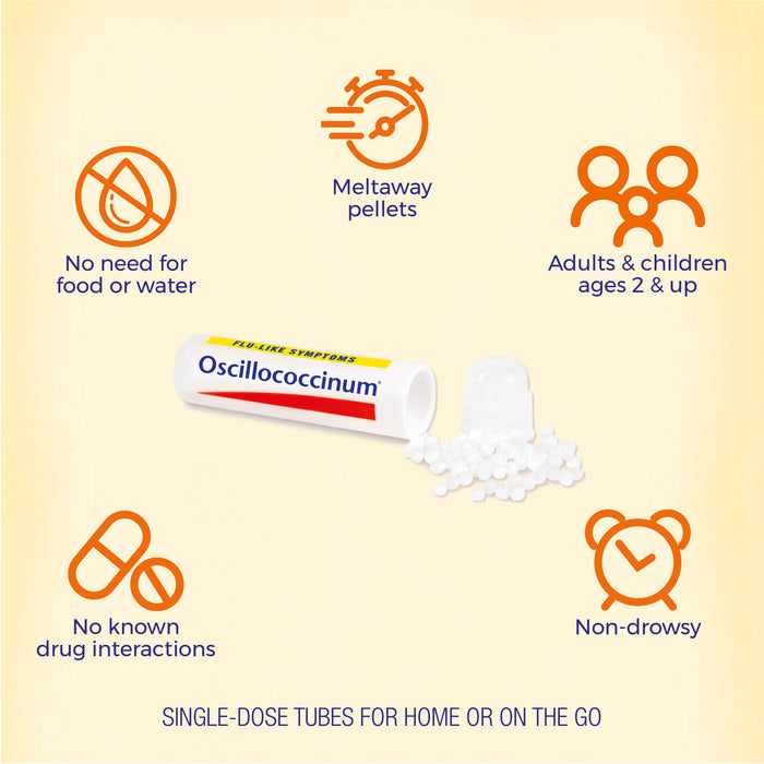 Image showing a medicine called "Oscillococcinum" with an open tube spilling pellets. Surrounding text highlights features: "No need for food or water," "Meltaway pellets," "Adults &amp; children ages 2 &amp; up," "No known drug interactions," and "Non-drowsy." Text at the bottom reads: "Single-dose tubes for home or on the go.