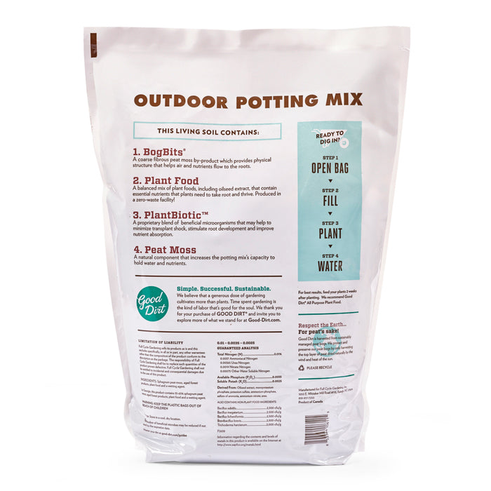 The Good Dirt Outdoor Potting Soil Mix bag highlights its premium contents: BogBits, organic-based plant food, PlantBiotic, and Peat Moss. It includes instructions to open, fill, plant, and water and features Good Dirt logos promoting sustainability and plant probiotics.