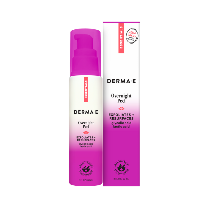 A bottle and box of Derma E Overnight Peel, an AHA exfoliator designed to resurface skin with glycolic and lactic acids. The white and pink packaging features the Essentials branding.