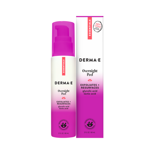 A bottle and box of Derma E Overnight Peel, an AHA exfoliator designed to resurface skin with glycolic and lactic acids. The white and pink packaging features the Essentials branding.