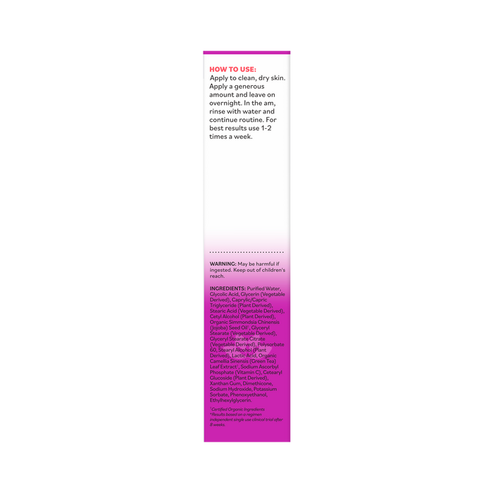 The product label for Derma E Overnight Peel displays directions for use, a warning, and ingredients in white and pink text on a purple gradient background. The directions recommend applying this AHA exfoliator to clean, dry skin and leaving it on overnight.