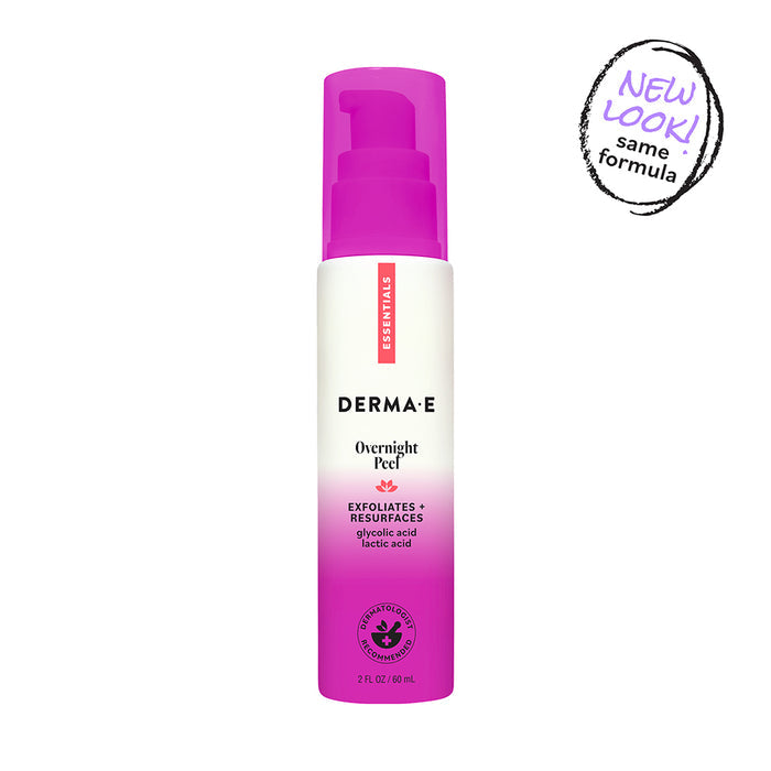 A white bottle of Derma E Overnight Peel with a pink pump cap. The label states that this AHA exfoliator resurfaces and exfoliates with glycolic and lactic acid, two potent alpha hydroxy acids. A sticker says “NEW LOOK! same formula.”.