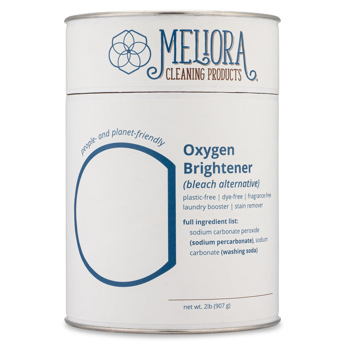 Melioras Oxygen Brightener is a 2 lb (907 g) cylindrical canister offering a powerful bleach alternative with a plastic-free, dye-free, and fragrance-free formula containing sodium carbonate peroxide and sodium carbonate.