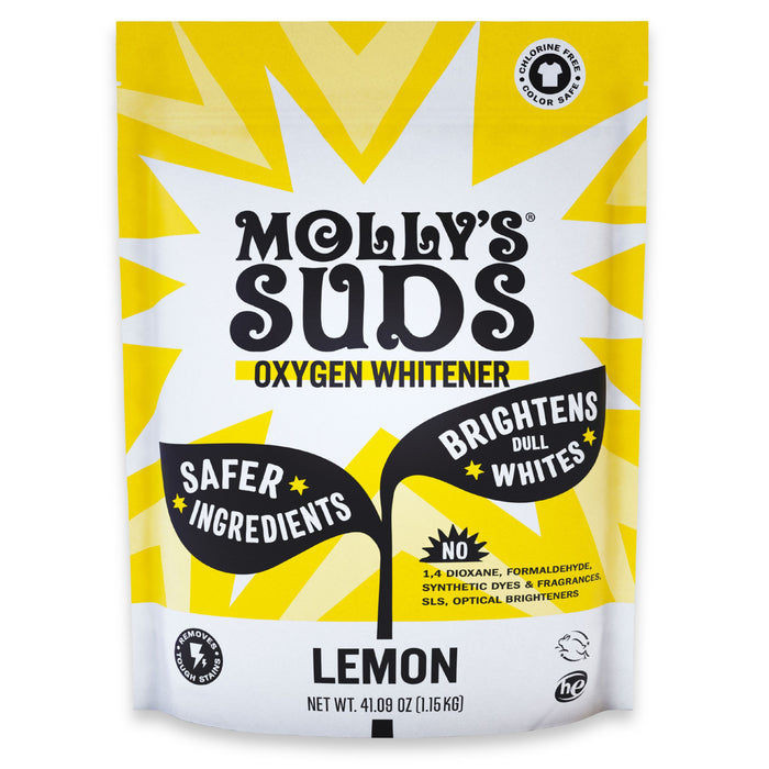 A yellow and white 41.09 oz bag of Molly’s Suds Oxygen Whitener, a bleach alternative and stain remover in lemon scent, features bursts for “safer ingredients” and “brightens dull whites," plus displays safety certifications.