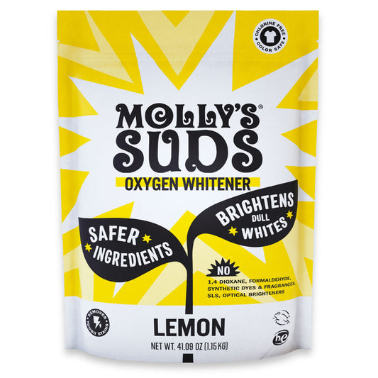 A yellow and white 41.09 oz bag of Molly’s Suds Oxygen Whitener, a bleach alternative and stain remover in lemon scent, features bursts for “safer ingredients” and “brightens dull whites," plus displays safety certifications.