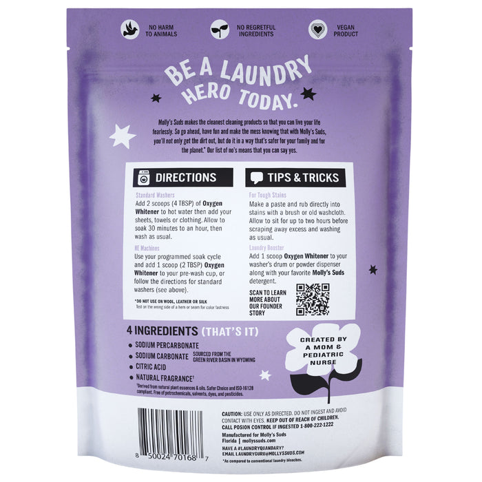Mollys Suds Oxygen Whiteners packaging is purple with white text saying Be a Laundry Hero Today and stars. It includes stain-lifting directions, stain removal tips, and an ingredient list. Vegan and eco-friendly icons are included. Designed by a nurse.