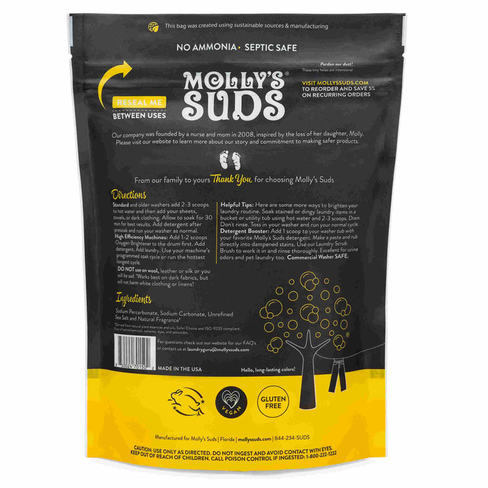 Back of a Mollys Suds Oxygen Whitener bag showing product info, directions, ingredients, certifications, and safety warnings in a black, white, and yellow design. The packaging promotes it as a natural bleach alternative.