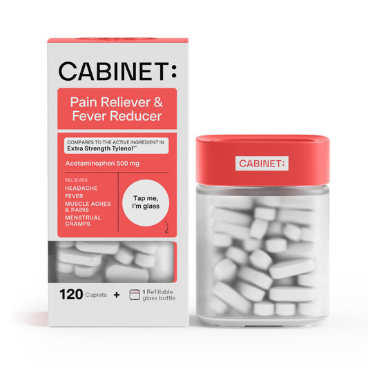 A white Cabinet Health box of Pain Reliever & Fever Reducer, featuring capsules, comes with a clear bottle of white caplets. It contains sustainable acetaminophen 500 mg and provides 120 caplets for relief from headaches, fever, muscle aches, and cramps.