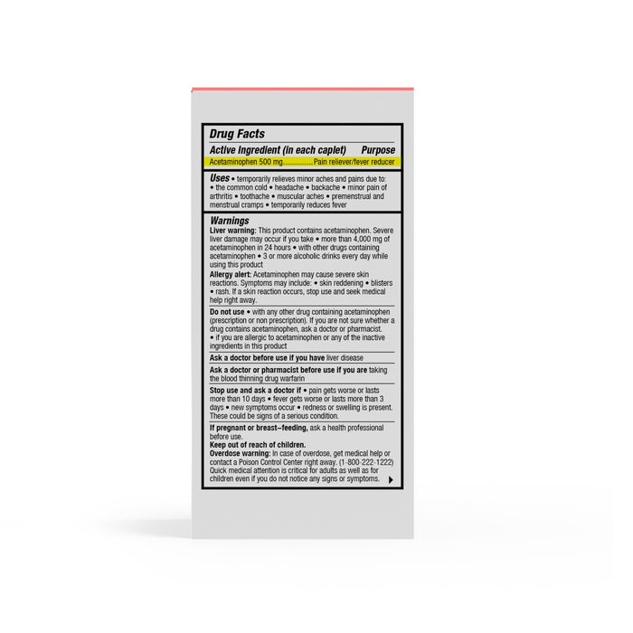 The Cabinet Health Pain Reliever & Fever Reducer - Acetaminophen Tablets USP, 500 mg box has a Drug Facts label detailing its fever-reducing and pain-relieving functions with usage instructions, warnings, and allergy information.