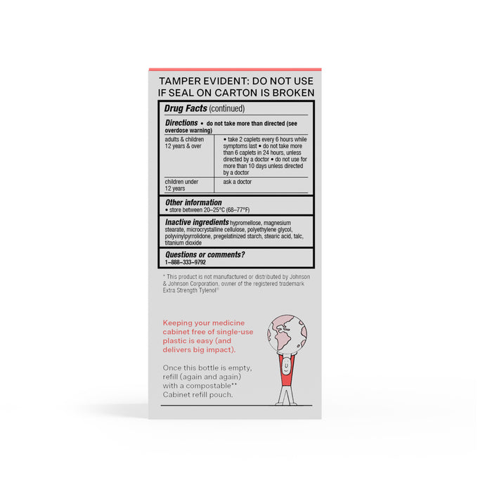 The image shows the back of a Cabinet Health Pain Reliever & Fever Reducer box with a tamper-evident warning, drug facts, usage directions, and inactive ingredient acetaminophen 500 mg. A cartoon demonstrates eco-friendly disposal by depicting someone responsibly discarding the packaging.