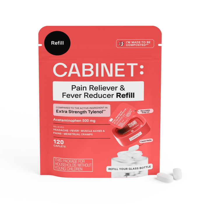 The red refill package, labeled Pain Reliever & Fever Reducer Refill - Acetaminophen Tablets USP, 500 mg, by Cabinet Health includes 120 caplets similar to Extra Strength Tylenol. It promotes plastic-free, compostable packaging with three white caplets shown beside it.