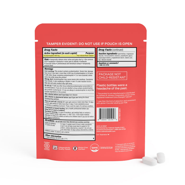 The red resealable pouch from Cabinet Health contains Pain Reliever & Fever Reducer Refill - Acetaminophen Tablets USP, 500 mg. With a tamper-evident warning on top, the pouch displays drug facts such as ingredients, warnings, and directions. Two white tablets are shown at the bottom right of the pouch.