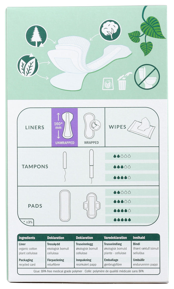 A green and white Natracare packaging box for Panty Liner Tanga 30ct features illustrations of organic cotton liners, tampons, and panty liners, highlighting various absorbency levels. Multilingual text emphasizes BPA-free and plastic-free materials.