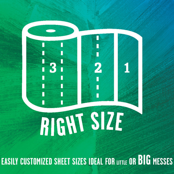 A graphic of a Seventh Generation Paper Towel (140 sheets per roll) divided into sections labeled 3, 2, and 1, with Right Size text—customizable sheet sizes for any mess, making it an eco-friendly choice.