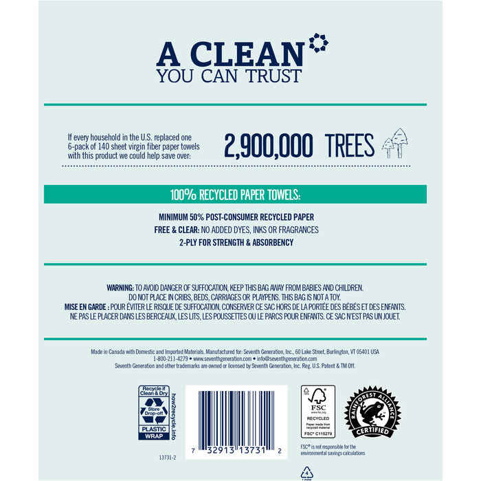 Choose Seventh Generation Paper Towel (140 sheets/roll) for a clean you can trust—made with 100% recycled paper and strong 2-ply, switching could save 2.9 million trees if every U.S. household made the change.