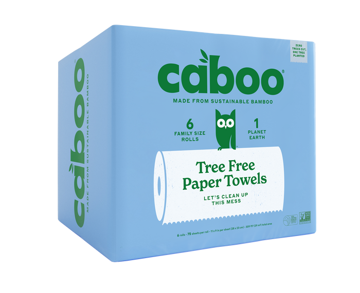 A blue box of Caboo Paper Towel (75 sheets per roll), made from sustainable, tree-free bamboo with green and white text, plus images of a paper towel roll, a tree, and eco-friendly icons.