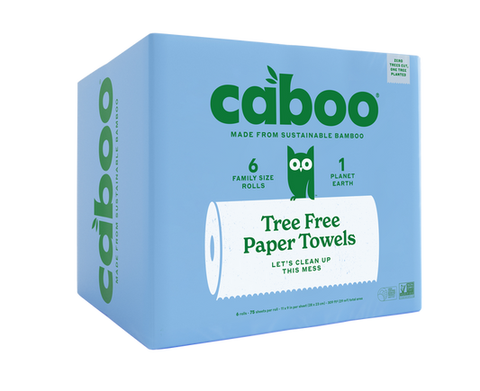 A blue box of Caboo Paper Towel (75 sheets per roll), made from sustainable, tree-free bamboo with green and white text, plus images of a paper towel roll, a tree, and eco-friendly icons.