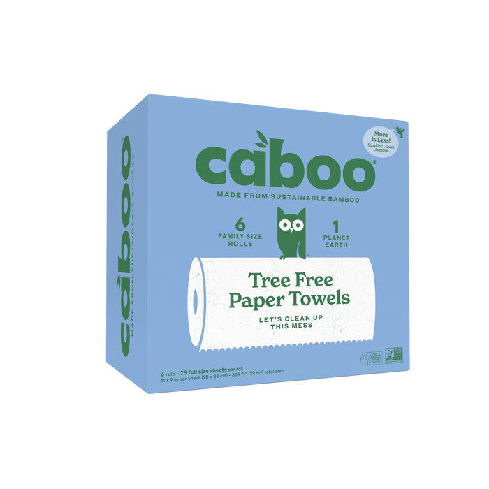 Caboo Paper Towel (75 sheets per roll) features 6 family-size rolls made from sustainable bamboo. The package shows green and white text, an owl graphic, and a light blue background—good for your home and the planet.