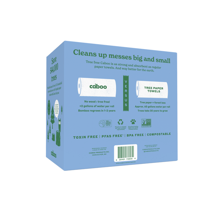 A blue box of Caboo Paper Towel (75 sheets per roll) showcases eco-friendly, tree-free bamboo, highlighting benefits over regular paper towels and certifications like toxin-free, PFAS-free, BPA-free, and compostable.