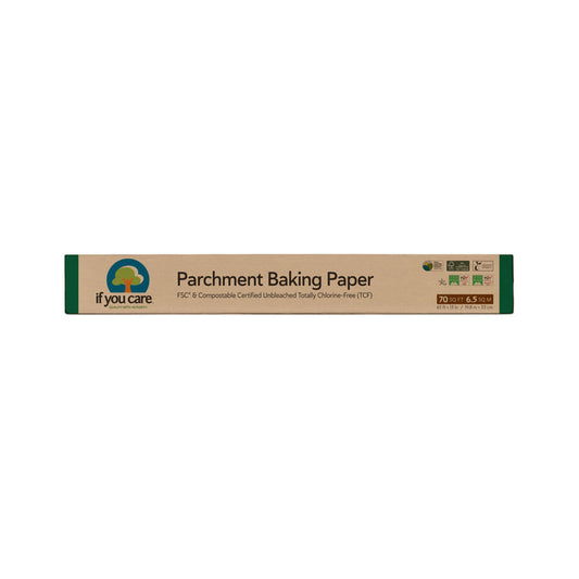 The If You Care Parchment Baking Paper box highlights eco-friendly icons, underscoring its FSC certification and compostability. This unbleached, chlorine-free paper is ideal for environmentally conscious bakers.