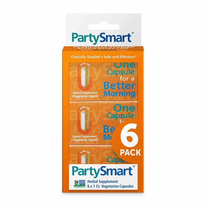 The Himalaya PartySmart herbal supplement comes in an orange box labeled One Capsule for a Better Morning. It features 6 vegetarian capsules and promotes liver support with its clinically studied, safe formula.