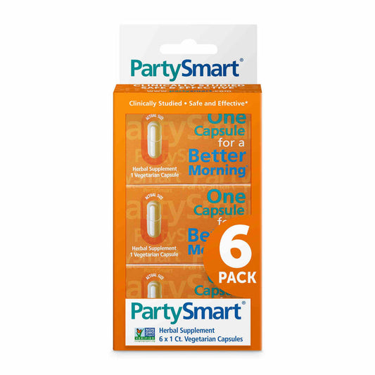 The Himalaya PartySmart herbal supplement comes in an orange box labeled One Capsule for a Better Morning. It features 6 vegetarian capsules and promotes liver support with its clinically studied, safe formula.