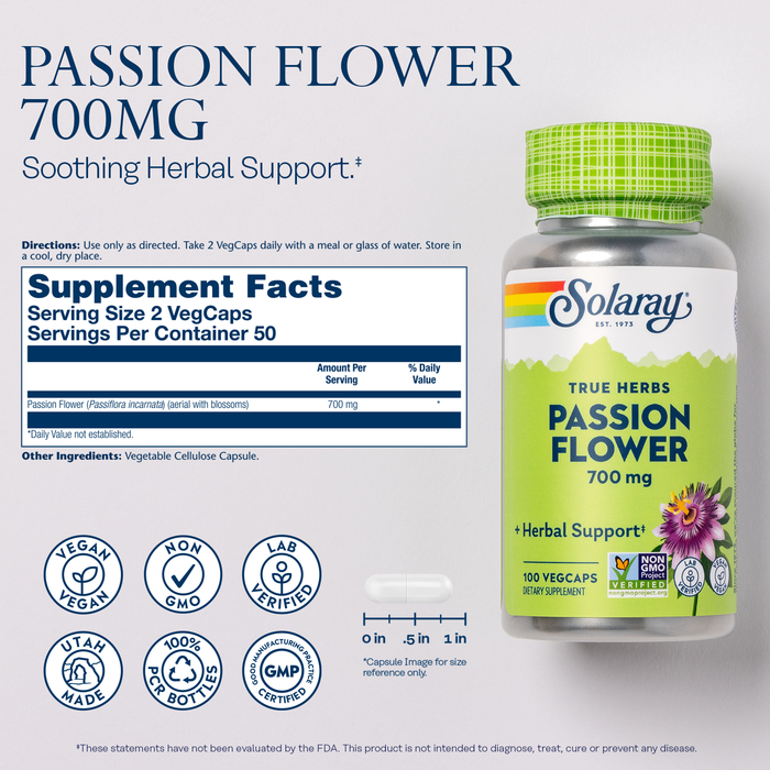 Image of a Solaray Passion Flower supplement bottle with 100 veggie capsules, 700mg strength. The label highlights "Soothing Herbal Support." Includes supplement facts, with icons: vegan, non-GMO, lab-verified, green cap. Directions for use are shown.