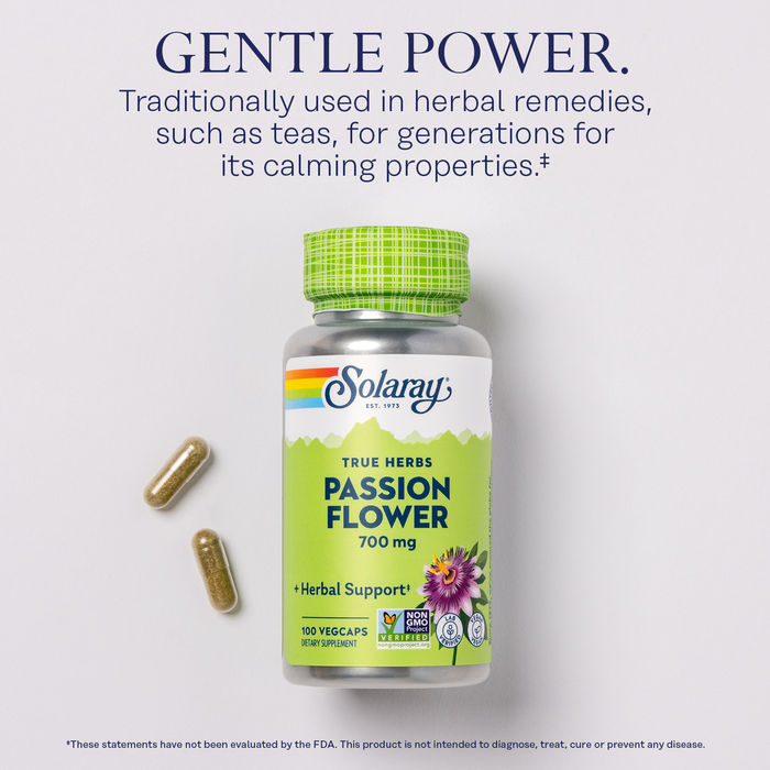 Bottle of Solaray True Herbs Passion Flower 700 mg capsules with two capsules next to it on a light surface. Text above reads: "Gentle Power. Traditionally used in herbal remedies, such as teas, for generations for its calming properties.