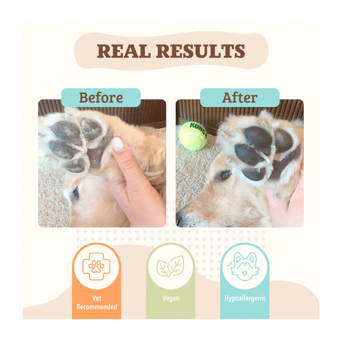 The image shows two side-by-side photos labeled "Before" and "After" depicting a dog's paw. The "After" image shows a visibly improved paw. Below, icons indicate the product is vet recommended, vegan, and hypoallergenic.