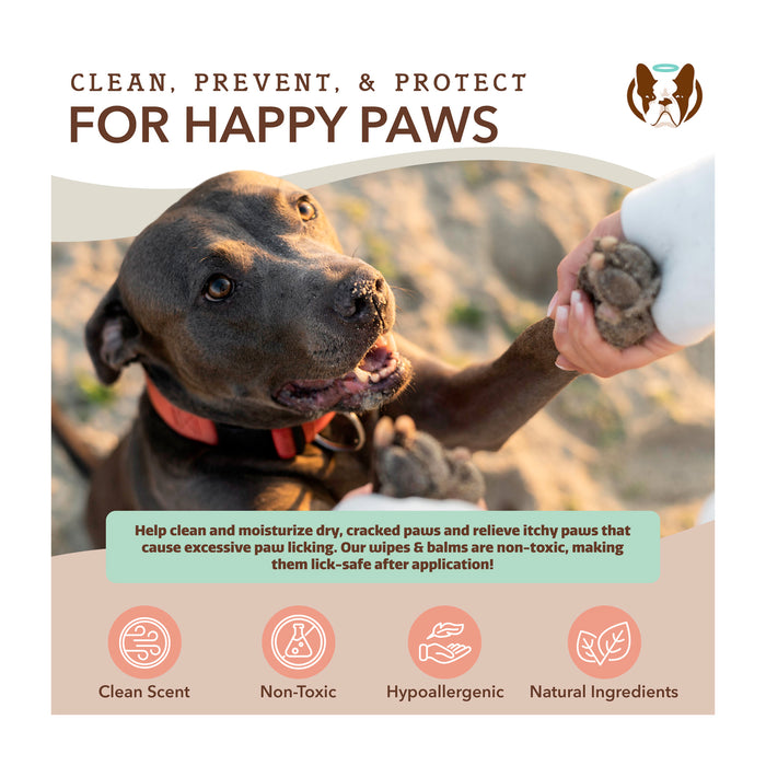 A happy black dog outdoors licks a person's hand holding a bottle. Text highlights benefits of wipes and balms for dogs: clean scent, non-toxic, hypoallergenic, and natural ingredients for dry, itchy paws.