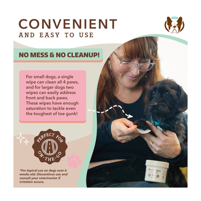 A person smiling while using a pet wipe on a small dog in their lap. The image highlights the convenience of the wipes, stating "No Mess &amp; No Cleanup!" Text mentions easy paw cleaning and suitability for on-the-go use.