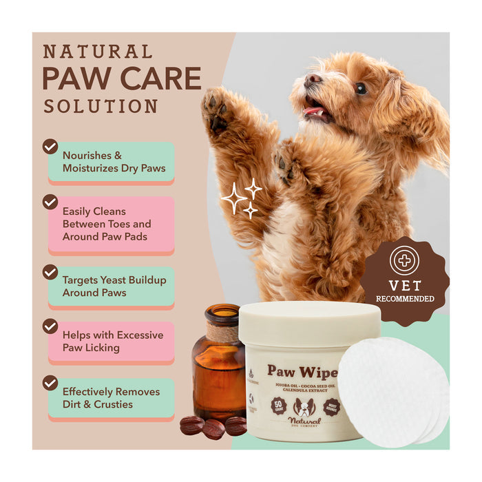 A fluffy dog raises its paw. Text highlights benefits of a natural paw care solution, such as moisturizing dry paws and cleaning between toes. Nearby are a jar of paw wipes, an amber bottle, and coffee beans. The product is vet recommended.