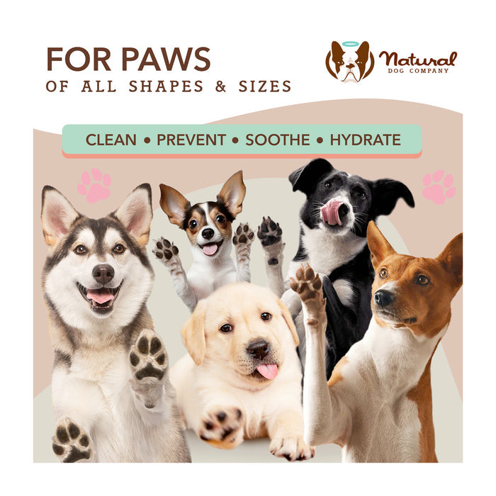 A promotional image for Natural Dog Company featuring five dogs of various breeds with paws raised. Text reads: "For paws of all shapes &amp; sizes. Clean • Prevent • Soothe • Hydrate." Background includes paw prints.